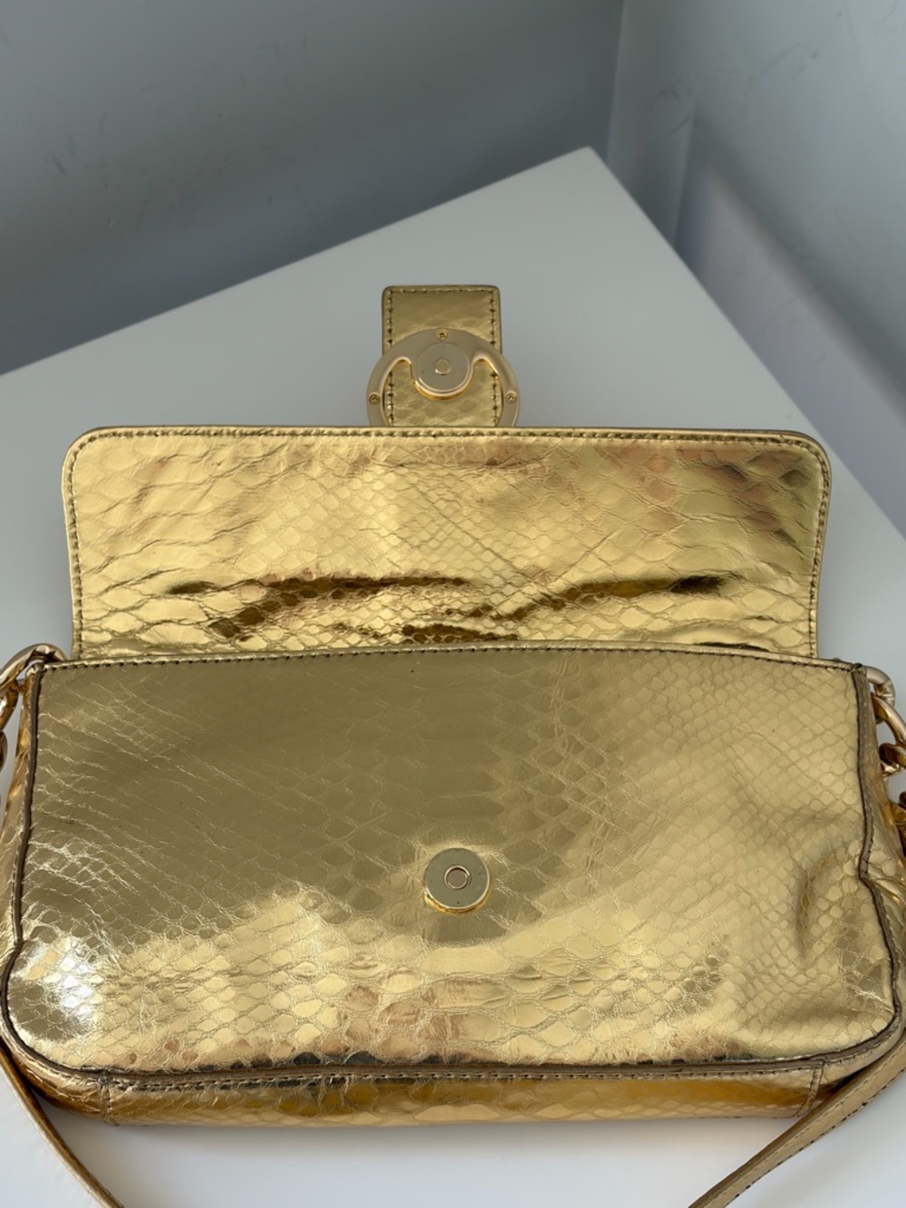 Michael Kors Metallic Gold Snake-Embossed Shoulder Bag with Charm - Picture 7 of 12